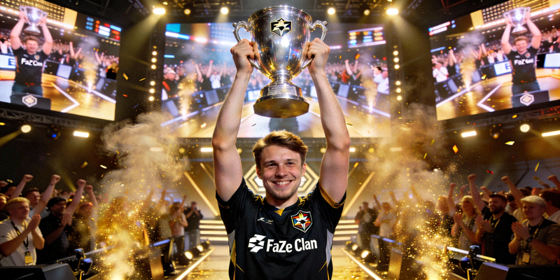 CS:GO Major决赛现场 - FaZe Clan选手ropz高举奖杯庆祝